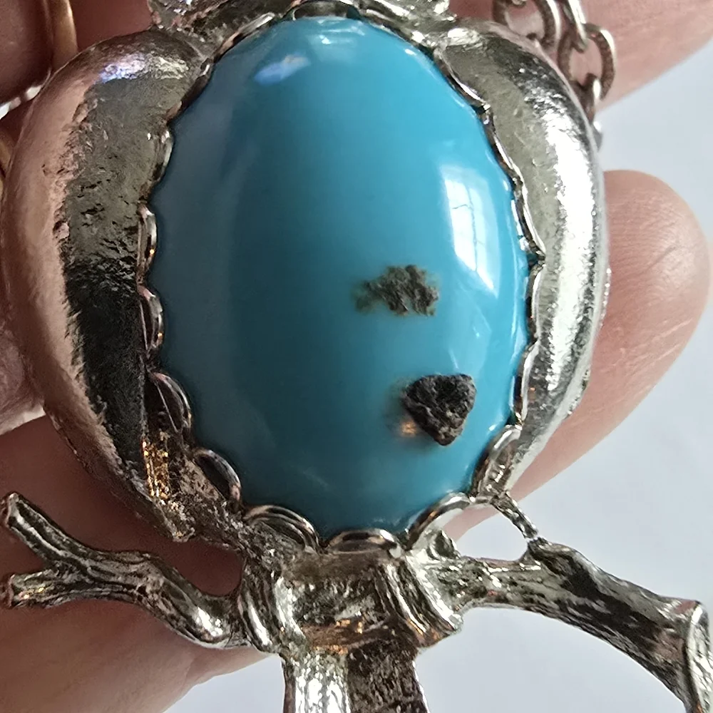 Vintage owl necklace silver tone turquoise blue color cabochon bird long